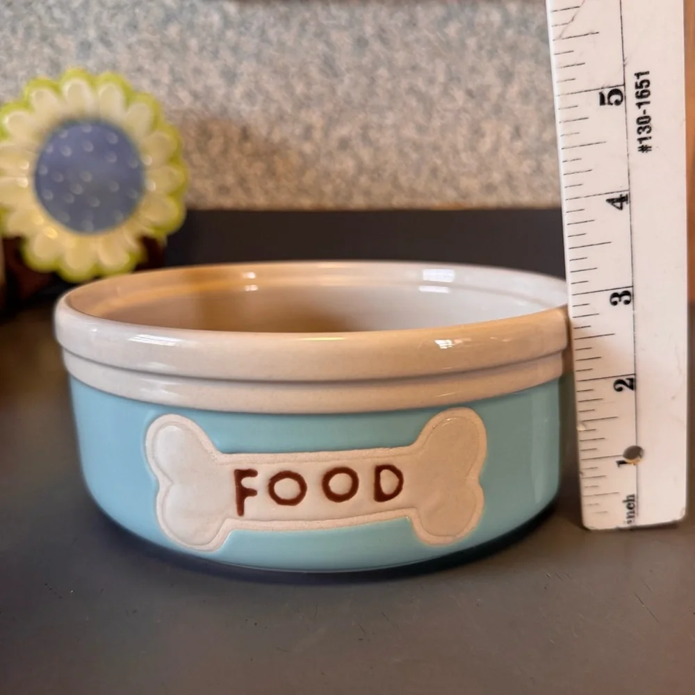 Ceramic Dog Bowl Blue White & Food, Brown Letters With Brown Bone Print